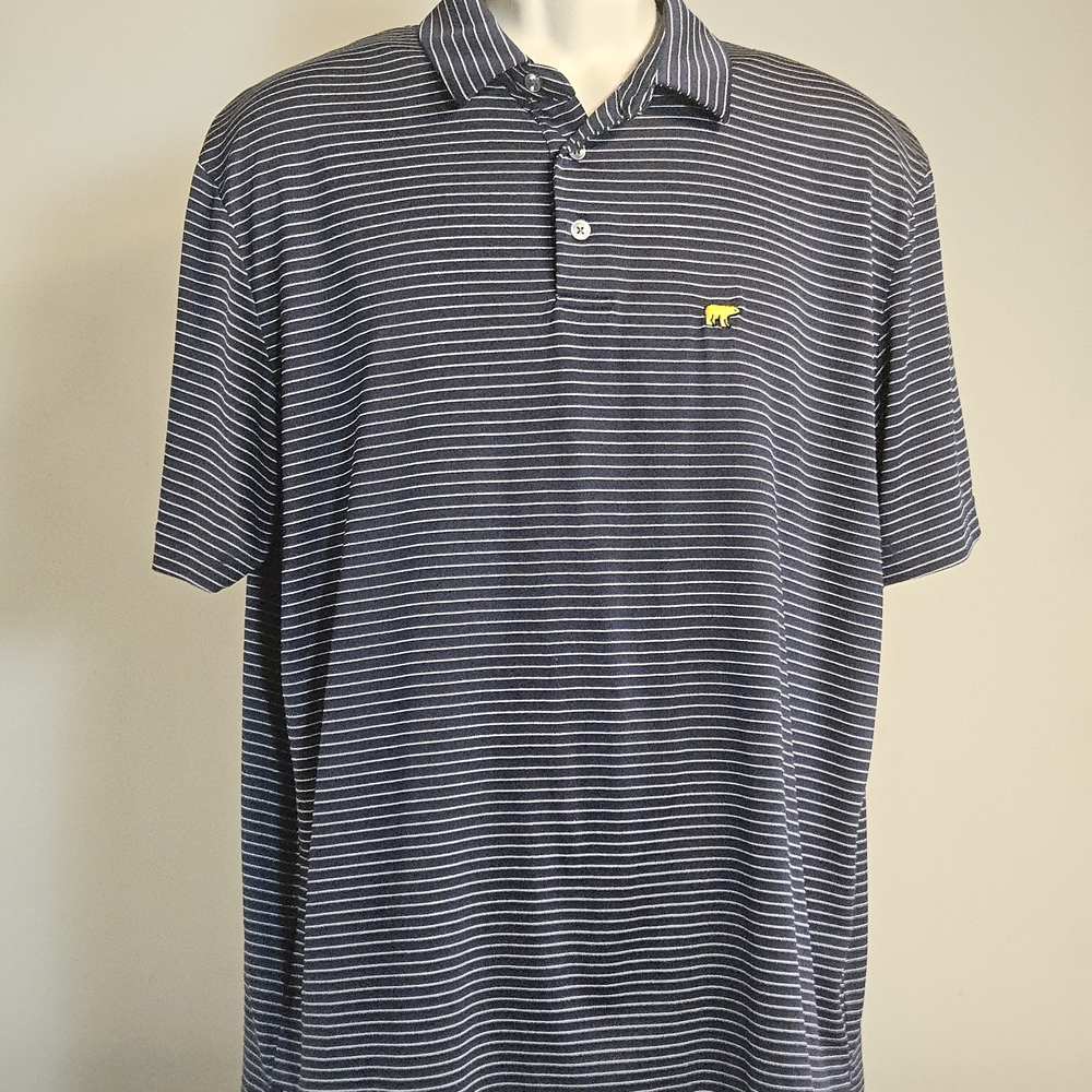 Jack Nicklaus Mens Navy Blue White Striped Golden Bear Logo Golf Polo Shirt